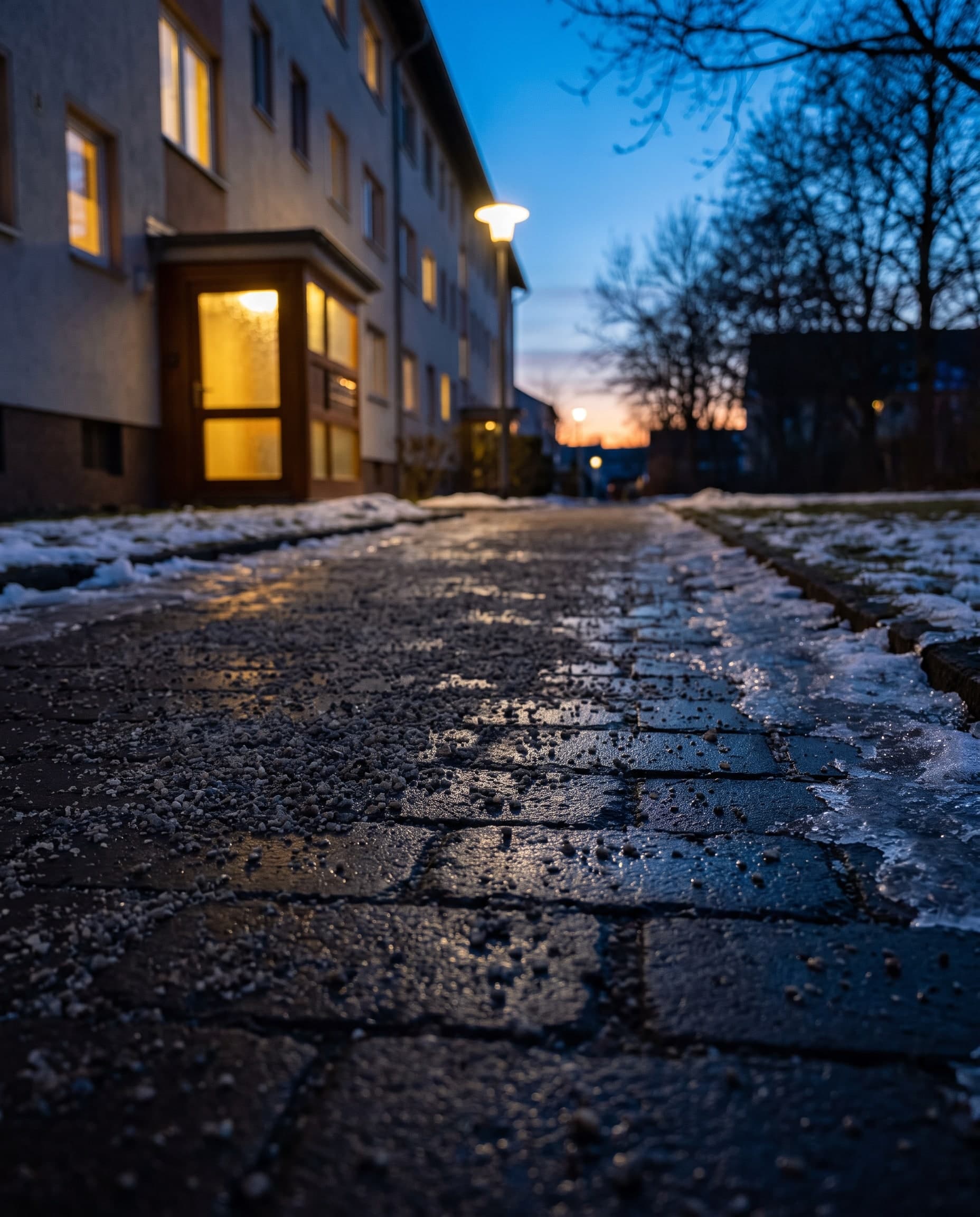 Beispielbild: gestreuter Pflasterweg vor einem Hauseingang, Streugut auf den nassen Steinen, Schnee am Rand